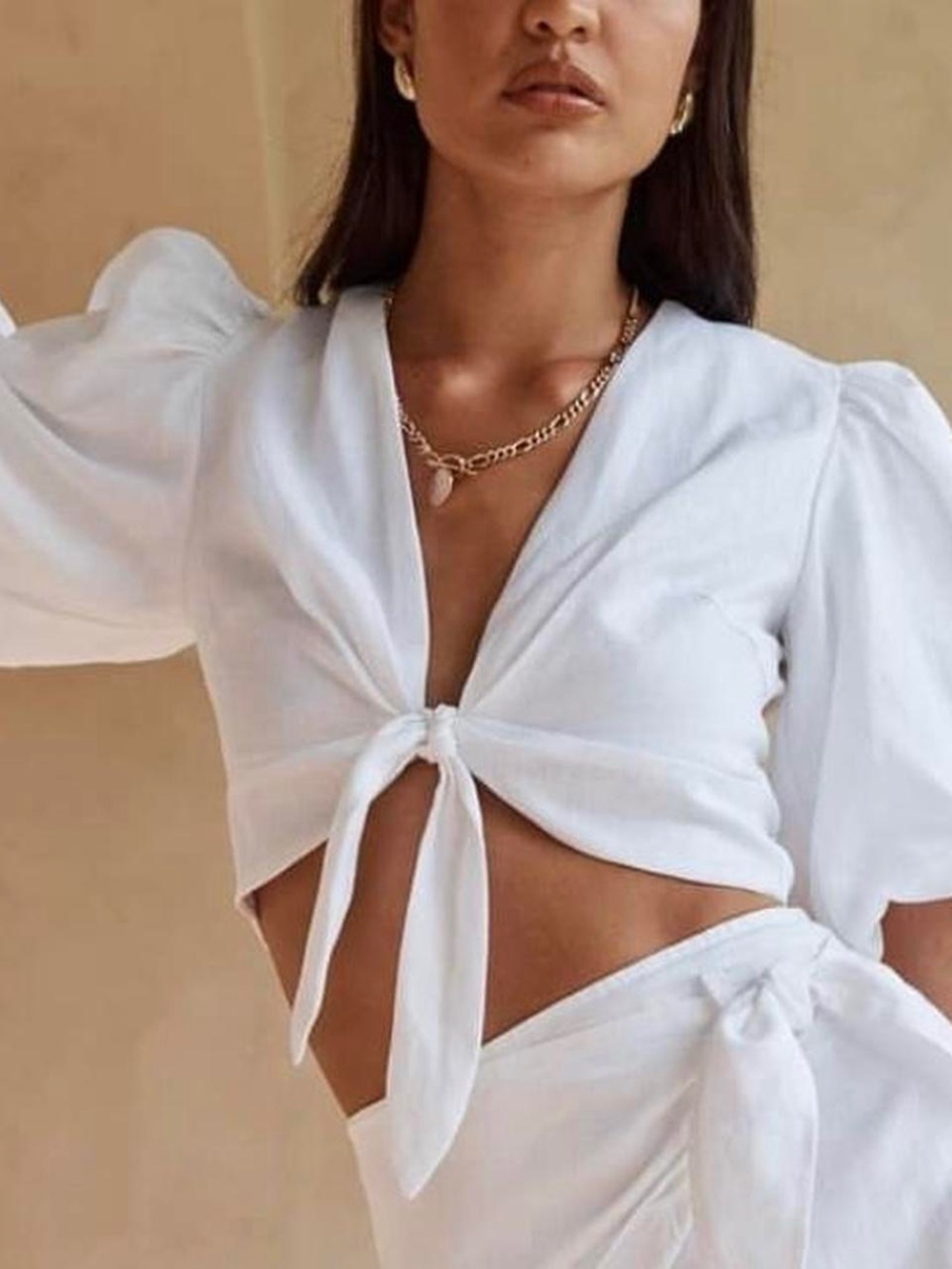 DISSH 100% Linen Tie Front Cropped Top Puff Sleeve Boho